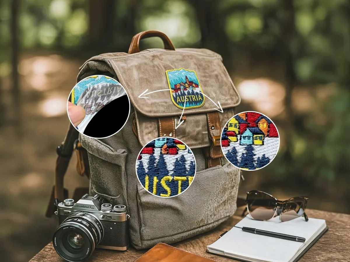 Embroidered landscape patch stitched onto a canvas backpack, with a magnified view of the thread detail