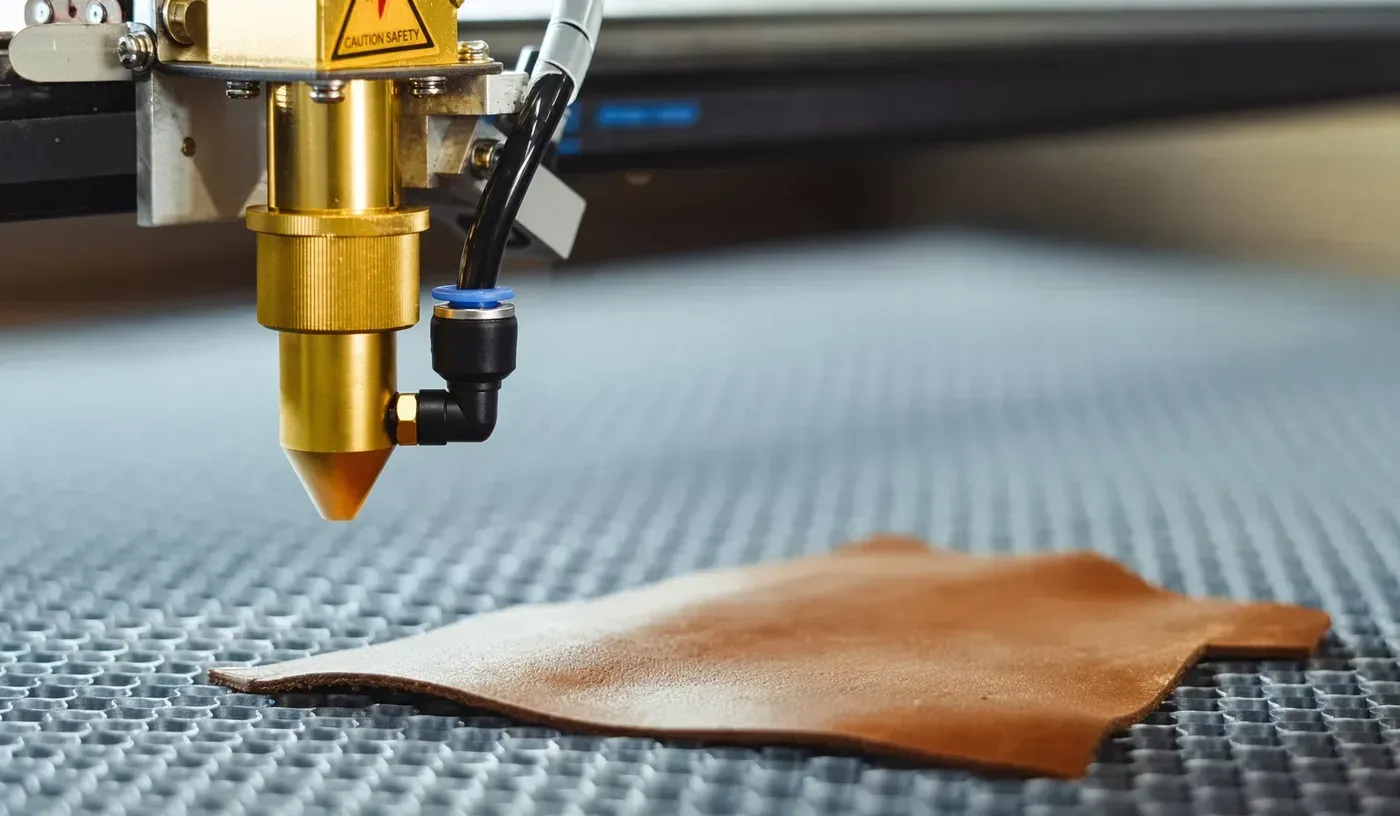 A CNC cutting head mid-run over a leather panel on the LeelineBags production floor