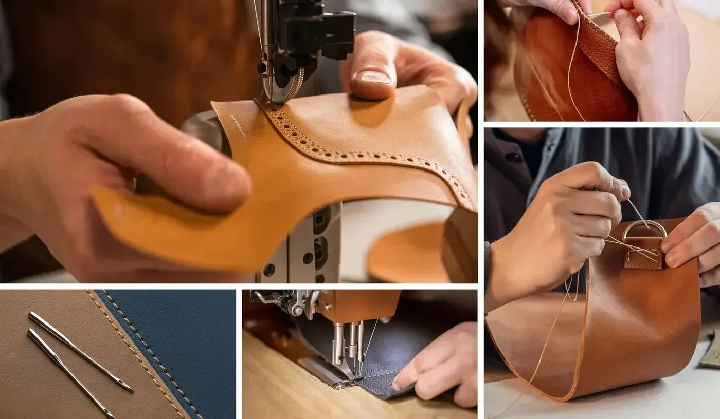 Stitching, riveting, and hand-finished seams on leather bags during quality control