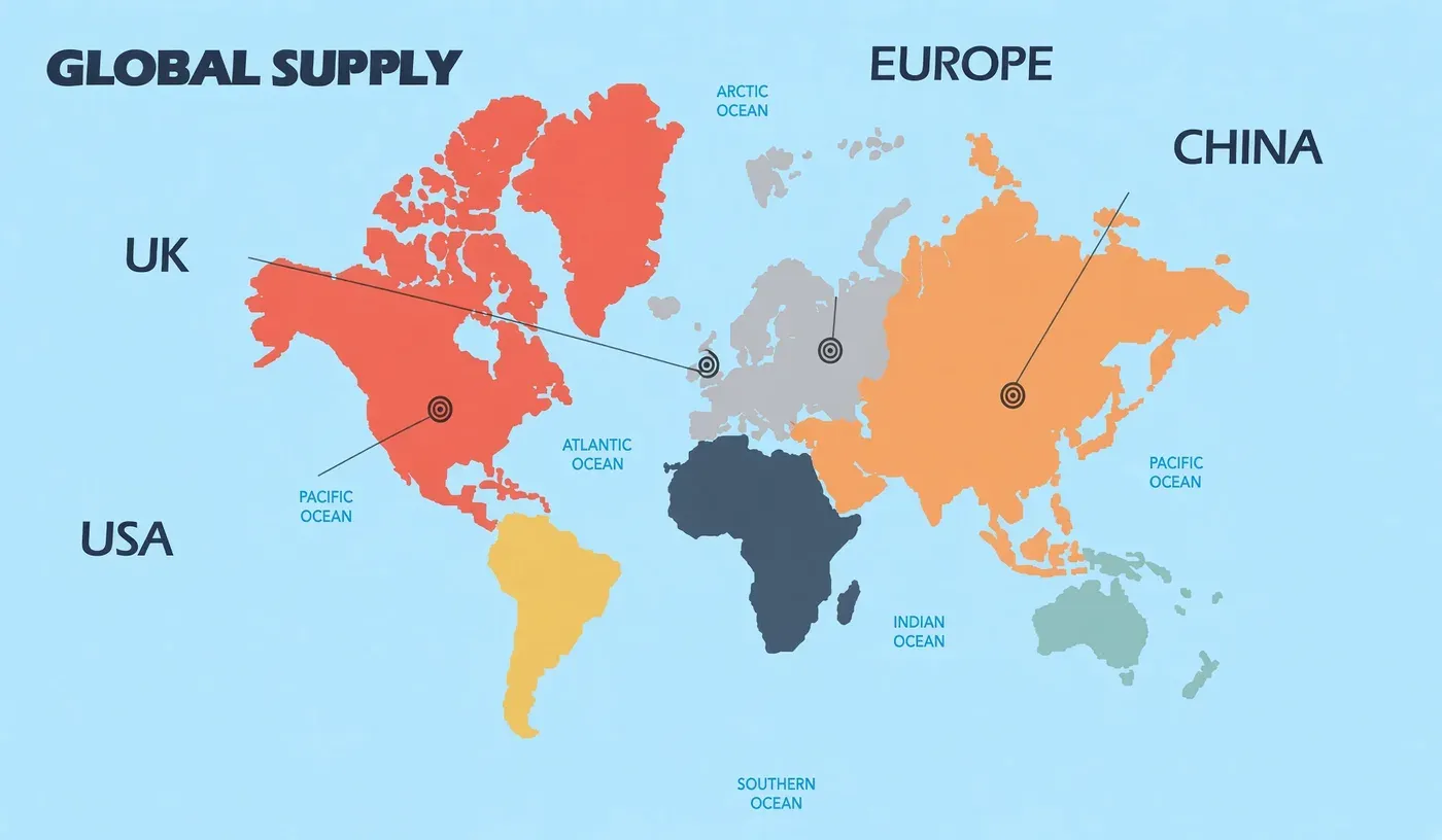 World map showing LeelineBags supply routes linking China to the UK, Europe, and the USA
