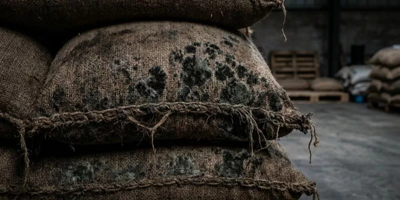 .A close-up macro shot of a stack of damp jute grain sacks in a warehouse, clearly showing dark mold colonies and fiber degradation along the bottom seams.