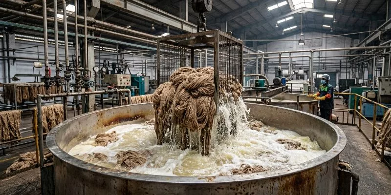 An industrial-scale textile treatment vat showing jute yarn bundles being submerged in an alkali solution, captured with high-speed focus to show the chemical reaction and bubbling.