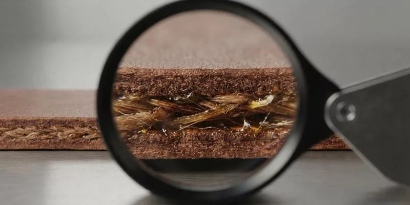 Magnified cross-section of waxed leather showing infused oils and waxes deep within the fibrous structure.