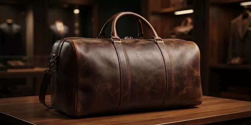 Premium full-grain waxed leather travel bag showing a natural patina on a retail display table.