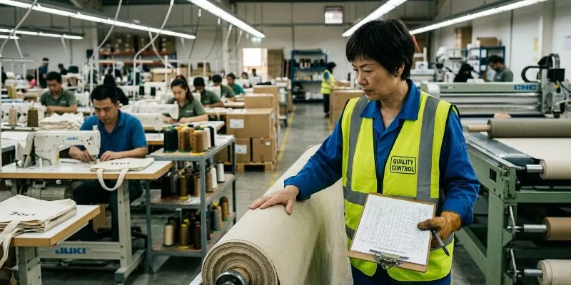 AQL 2.5チェックリストを持ったプロの品質監査員が、アラブ首長国連邦の稼働中の工場現場で、原反のキャンバスロールを検査している。