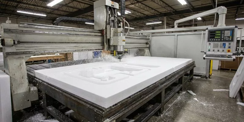 Machine CNC découpant de la mousse EPE blanche épaisse en inserts d'emballage personnalisés sur le sol d'une usine