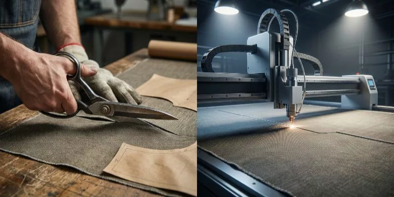 1. Comparison between traditional hand-cutting with shears and high-speed industrial CNC fabric cutting.