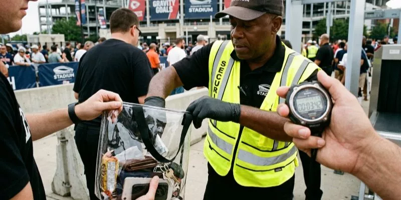Security guard quickly checking a clear handbag at a stadium gate while being timed.