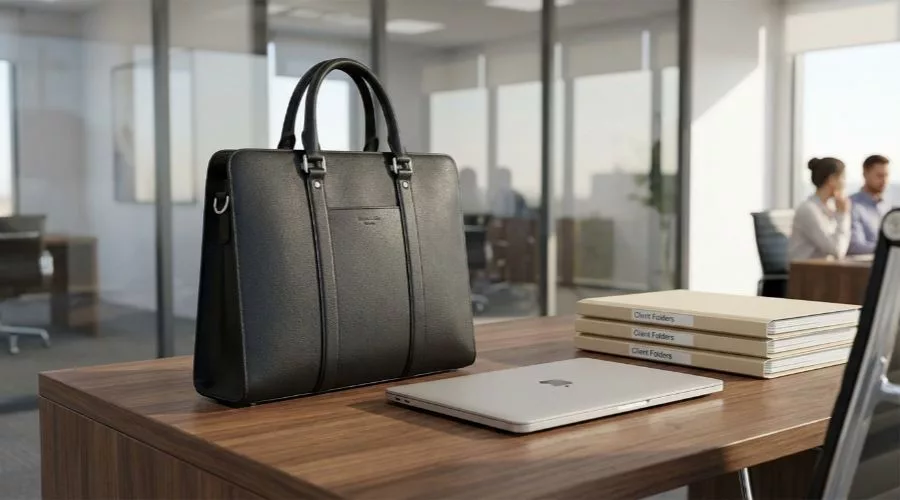 Eine elegante Leder-Handtasche steht aufrecht auf einem Schreibtisch.