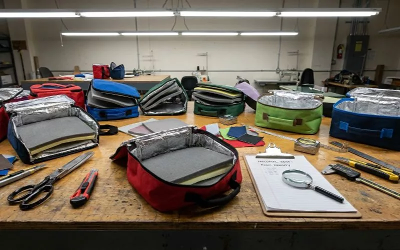 Disassembled lunch bags on a factory work table for material testing