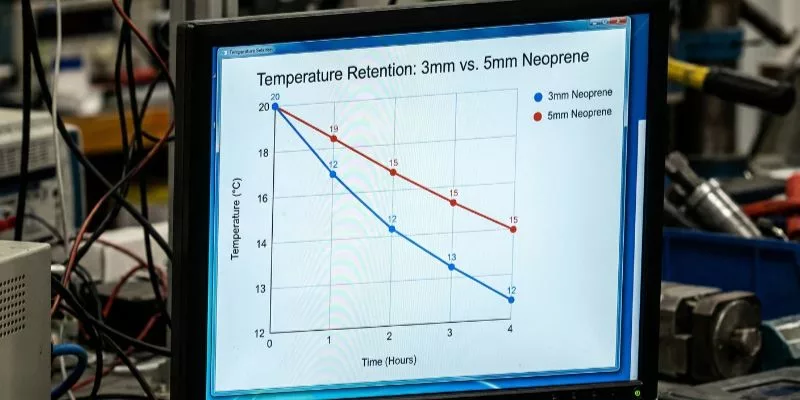 Dati di laboratorio relativi al mantenimento della temperatura, a confronto tra sacchetti per il pranzo in neoprene da 3 mm e da 5 mm.