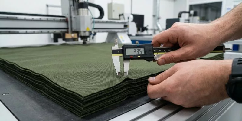 2. Factory technician using a digital caliper to measure fabric thickness for CNC machine calibration.
