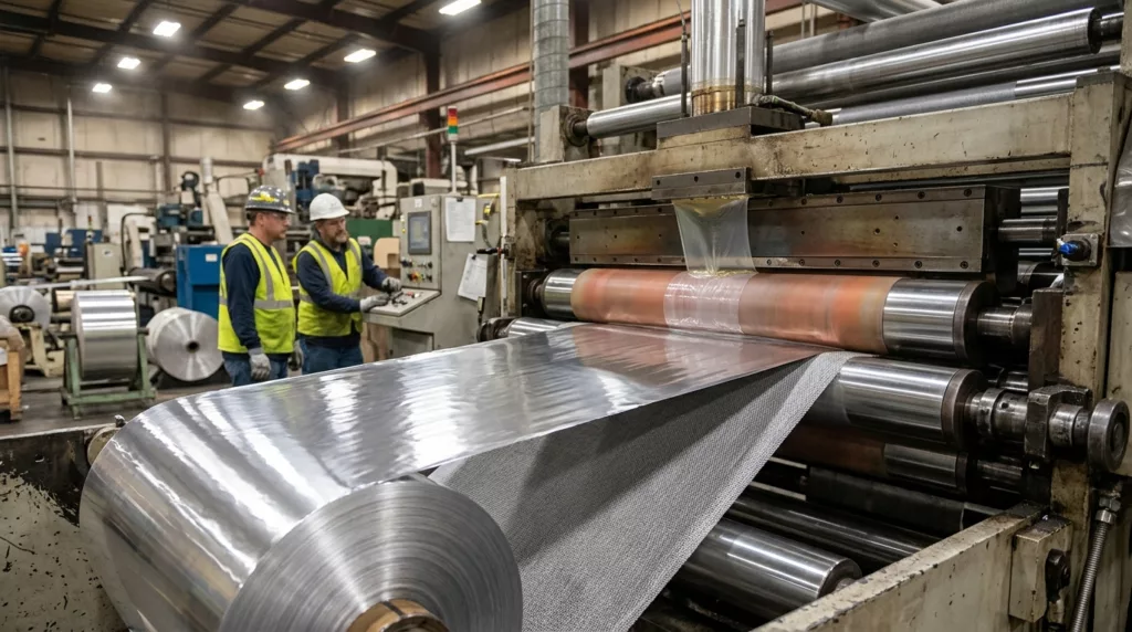 Machine industrielle d'extrusion-lamination pressant une feuille d'aluminium sur un support en tissu