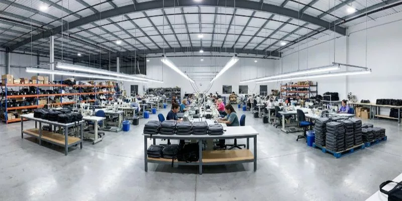 2. Wide panoramic view of a clean, organized custom bag manufacturing facility.