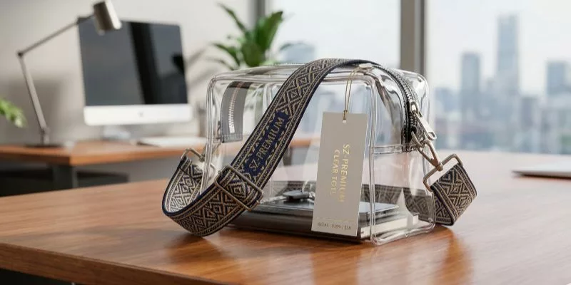 Premium clear handbag with custom woven straps and a 5# metal zipper ready for retail.