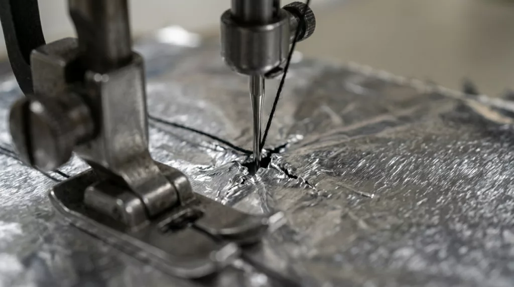 Vue macroscopique d'une aiguille de couture industrielle perforant une feuille thermique et créant des fuites.