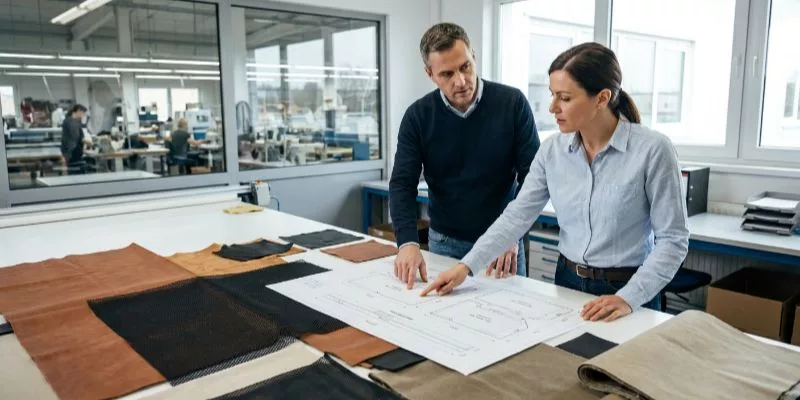 3. Production experts discussing technical cutting parameters for various industrial textiles.