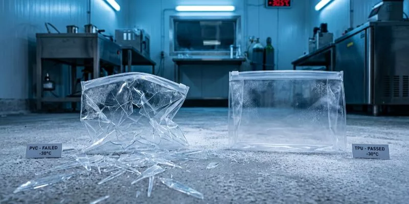 .Cold drop test comparison showing a shattered PVC bag next to an intact durable TPU clear bag.