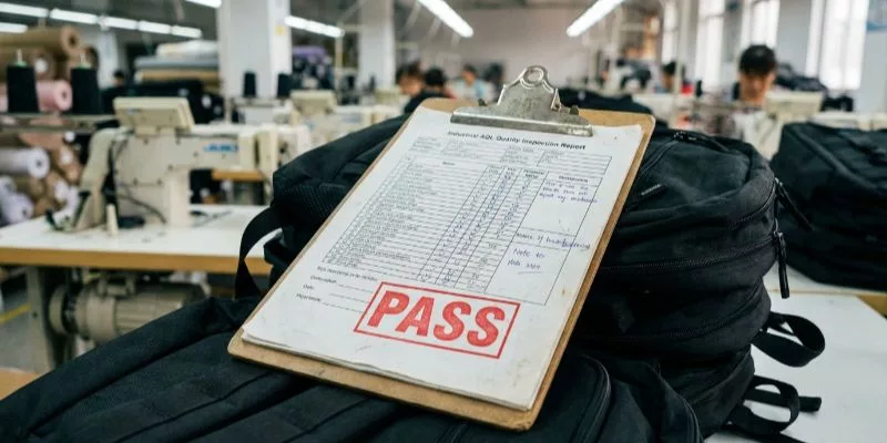 Une véritable liste de contrôle d'inspection AQL ISO 2859-1 avec un tampon rouge « RÉUSSI » apposé sur les sacs à dos finis.