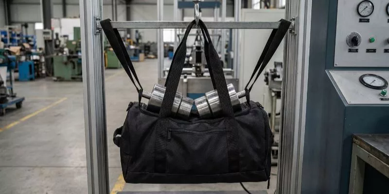 4. Duffle bag hanging on a testing rack loaded with steel weights to test strap strength.