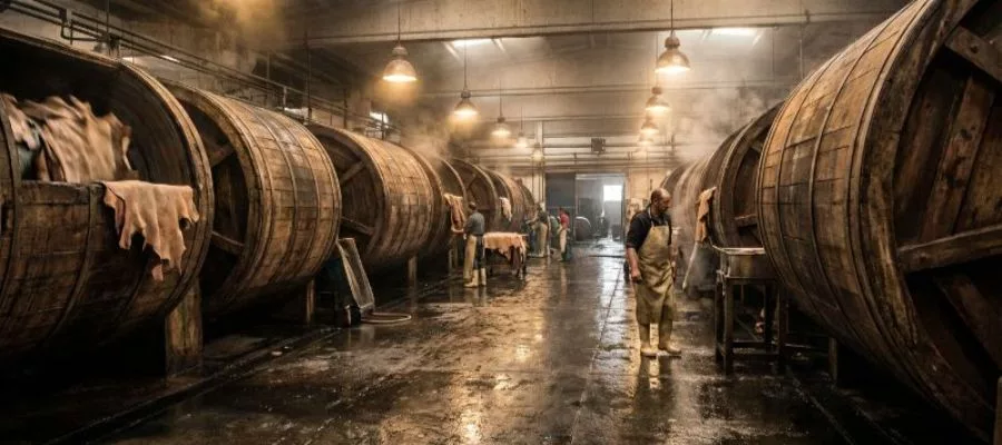 Große Gerbtrommeln aus Holz, die in einer Gerberei zum Mahlen von Leder verwendet werden