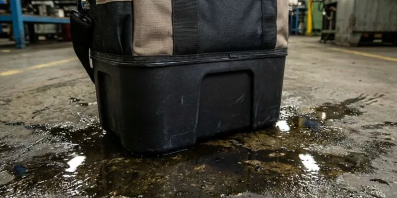 4. 油溜まりに浸かった成形防水ツールバッグの底部