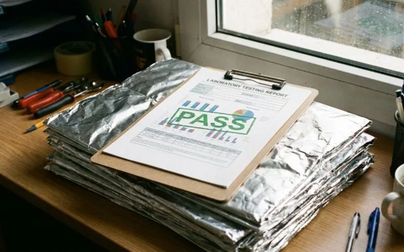 Official laboratory testing report with a green PASS stamp resting on top of aluminum foil material samples