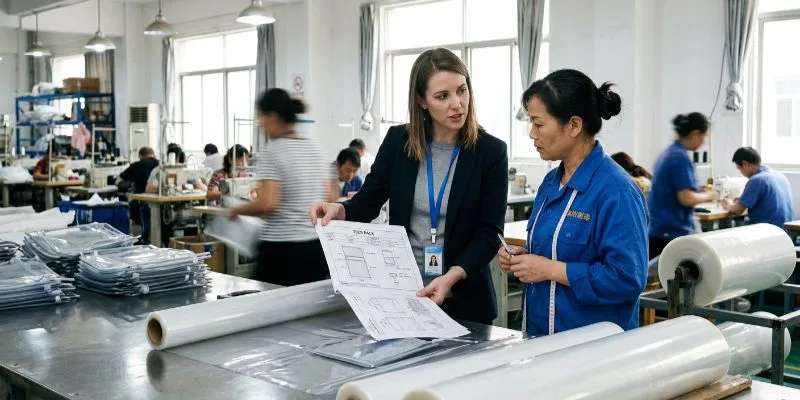 Procurement manager discussing a clear bag tech pack directly with a factory floor supervisor.
