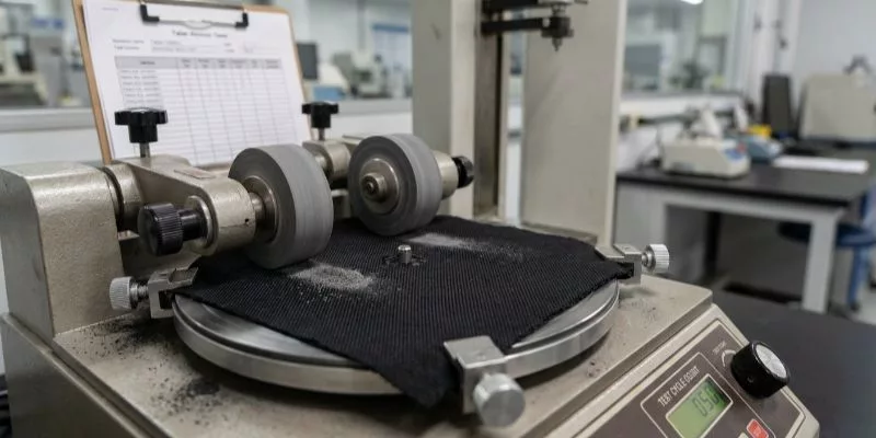 Taber rotary platform abrasion tester running a test on black bag material