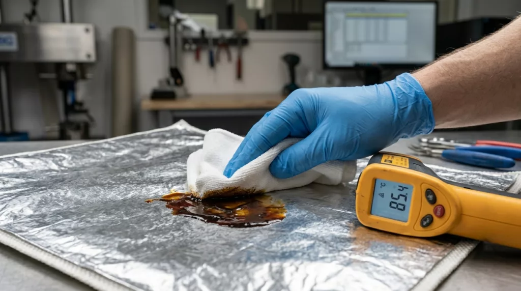 Nettoyage de graisse chaude sur la doublure multicouche d'un sac isotherme en aluminium lors des tests en usine