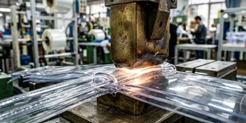 High-frequency welding machine fusing clear TPU bag handles for extreme seam strength.