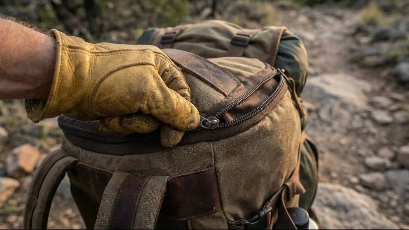 修理したバックパックのジッパーを重い荷物をかけて張力テストする