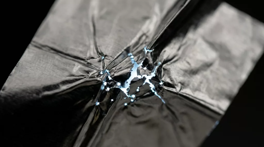 Vue macroscopique de micro-déchirures et de fuites ponctuelles sur un revêtement en feuille d'aluminium de 6 microns pliée