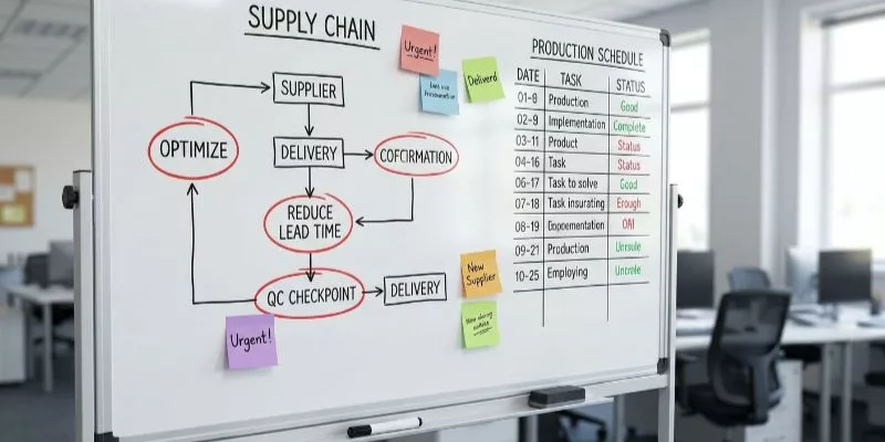 6. Whiteboard on factory floor showing a streamlined supply chain flowchart and production schedule.