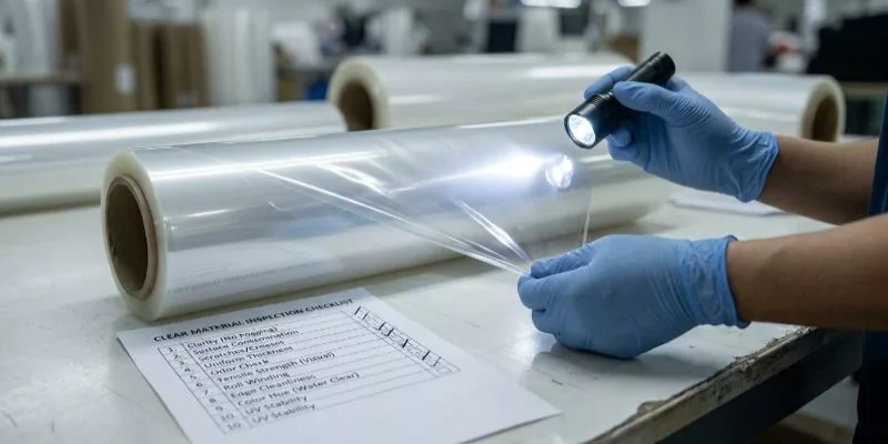 Quality control inspector checking clear bag material clarity next to a generic 10-point QC checklist template.