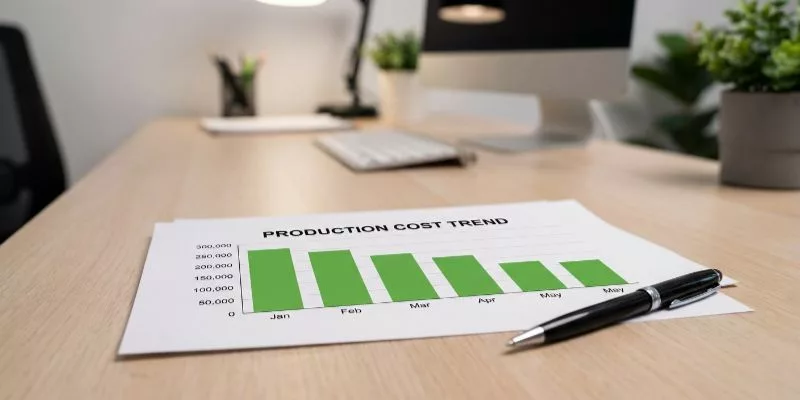 7. Printed cost-benefit analysis report showing a downward trend in production costs.