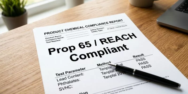 A generic chemical safety compliance report template for Proposition 65 and REACH on a desk.