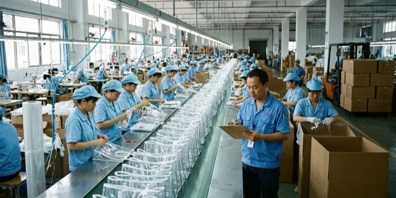 Factory manager inspecting a mass production run of custom clear handbags on an assembly line.