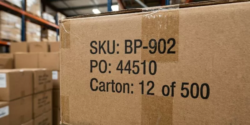 Close-up of a shipping carton shipping mark showing SKU code and PO number in a warehouse.