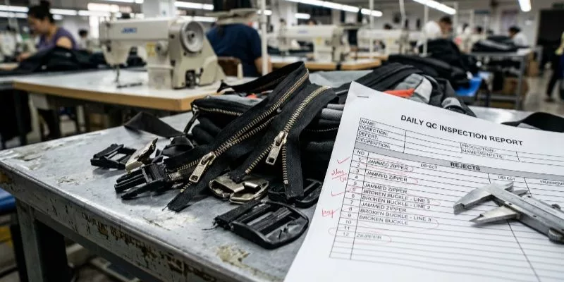 Close-up of jammed zippers and broken hardware on a factory inspection table with a production report.