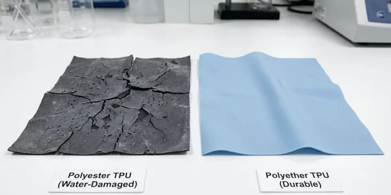 Comparison of water-damaged polyester TPU vs durable polyether TPU.