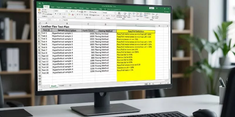 コンピューター画面に、Excelで作成された革の屈曲性テスト計画が表示されており、合格・不合格の定義が黄色で強調表示されている。