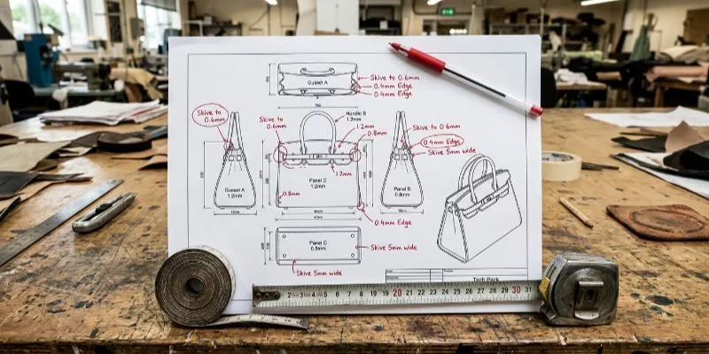 Disegno tecnico CAD di una borsa con annotazioni a penna rossa sullo spessore della scarnitura della pelle, su una scrivania in fabbrica.