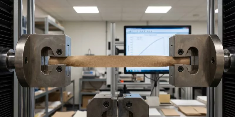Industrial ISO 1924 tensile strength test on a kraft paper strip in a manufacturing lab.