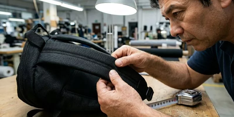 Technician inspecting double-stitched shoulder strap on backpack prototype