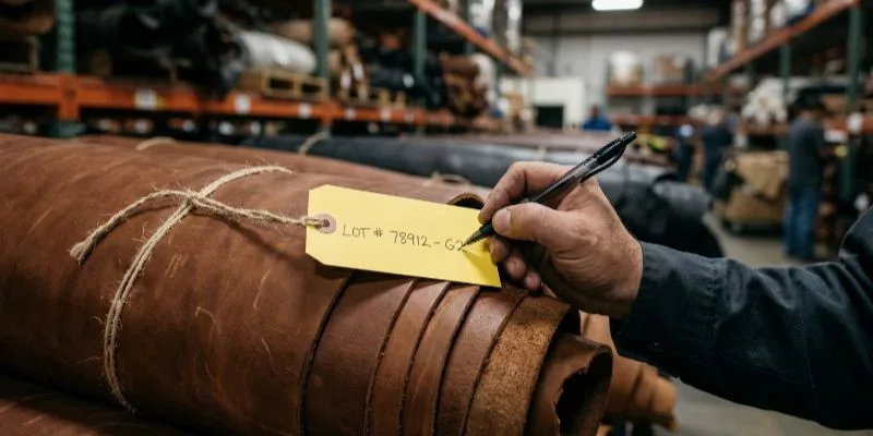 Factory QA manager filling out a lot identification and quality control tracking tag on a raw leather roll