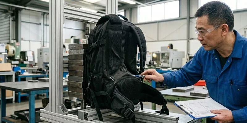 Tactical backpack back panel buckling and collapsing under heavy weights on a factory testing rig