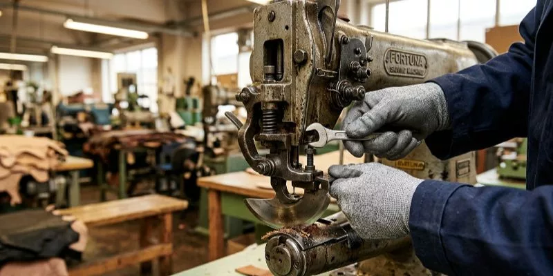 Operaio di fabbrica regola il piedino premistoffa e l'allineamento della lama su una scarnitrice industriale a lama a campana.