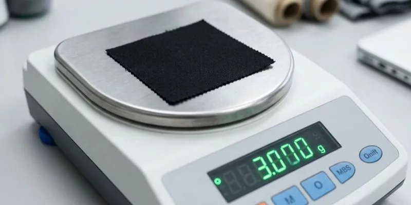 Bilancia di precisione per pesare un campione di tela per l'analisi GSM