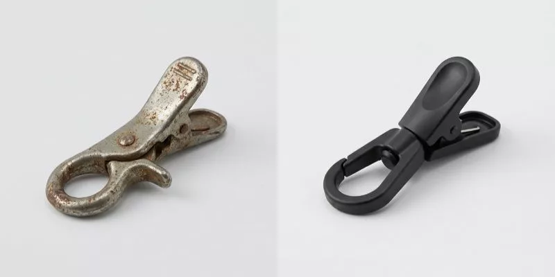 Comparaison entre un clip de sac lourd en zinc rouillé et un clip moderne léger en plastique acétal noir.